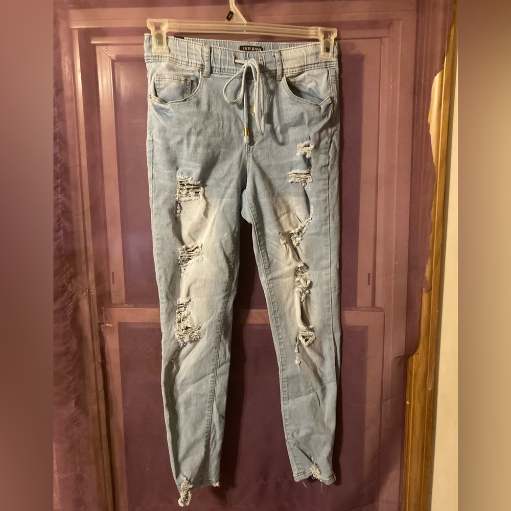 Ladies distressed jeans with drawstring waist